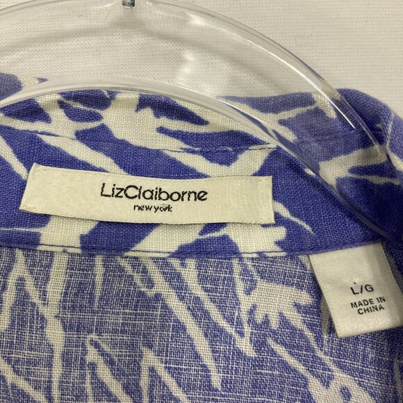 Liz Claiborne size Large Purple White Abstract 100% Linen 3/4 Sleeve Button Down - Picture 2 of 11